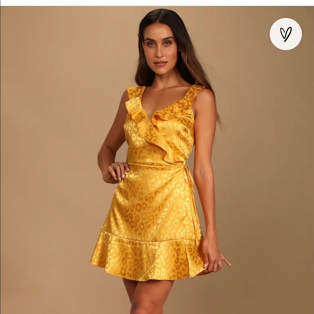 Lulus gold leopard print satin wrap dress size medium